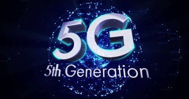 5g 5. nesil metin görüntüsü parlayan dünya bağlantıları üzerinde. küresel ağ bağlantıları ve dijital olarak oluşturulan iletişim konsepti.
