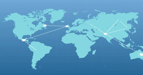 青の背景に接続ポイントの白いネットワークを移動すると青の世界地図 世界的な通信ネットワークの概念 — ストック写真