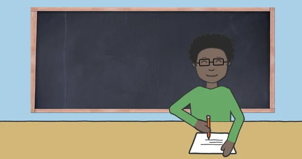 Image Illustration Schoolboy Sitting Desk Writing Blackboard Background Education Learning — Stock Photo, Image