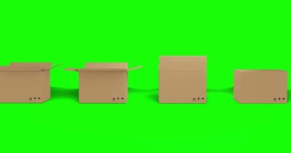 Nahtlose Reihe Brauner Kartons Mit Deckeln Auf Grünem Hintergrund Verpackung — Stockfoto
