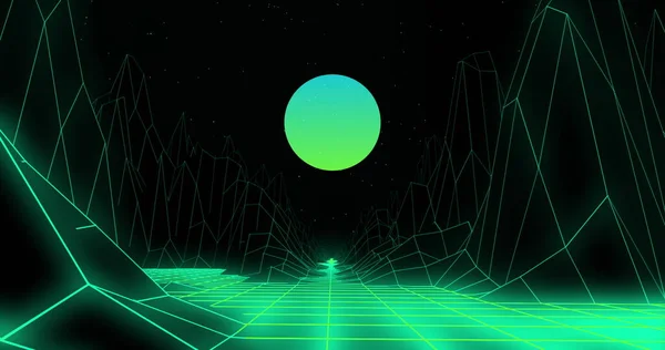 緑から青への輝く地球と3Dマップラインのイメージは イメージゲーム画面の黒い背景に移動します カラーライトムーブメントコンセプトデジタル生成画像 — ストック写真