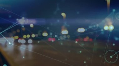 Şehir manzarası üzerindeki bağlantı ağının animasyonu. küresel bağlantılar, dijital arayüz, teknoloji ve ağ konsepti dijital olarak oluşturulmuş video.