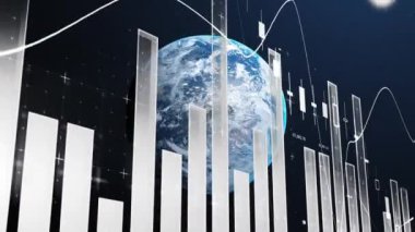 Veri işleme ve dünya üzerindeki istatistiklerin animasyonu. küresel bağlantılar, iş dünyası, dijital arayüz, teknoloji ve ağ konsepti dijital olarak oluşturulmuş video.