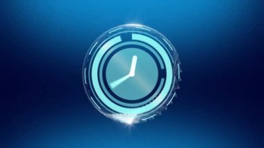 Mavi arka planda ilerleyen saatin animasyonu. küresel iş, dijital arayüz, teknoloji ve ağ konsepti dijital olarak oluşturulmuş video.