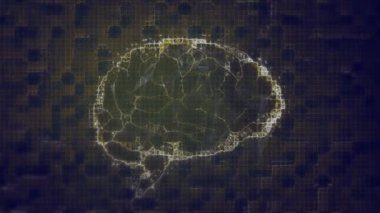 Beynin karanlık arka plandaki insan simgeleri ağının etrafında dönmesi. küresel iletişim ve veri paylaşım kavramı, dijital olarak oluşturulmuş video.