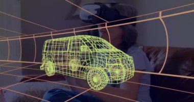 VR kulaklık takan bir kadının üzerine 3 boyutlu teknik bir minibüs çizimi. teknoloji, tasarım ve dijital arayüz kavramı dijital olarak oluşturulmuş video.
