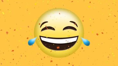 Sarı arka planda mutluluk emojisi ile ağlayan konfeti animasyonu. Sosyal medya, kutlama, olay ve iletişim ağı konsepti dijital olarak oluşturulmuş video.