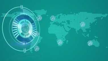 Bağlantılar ağı ve dünya haritası üzerinden tarama alanının animasyonu. küresel teknoloji, dijital arayüz ve bağlantılar konsepti dijital olarak oluşturulmuş video.