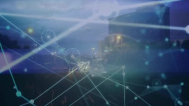 Şehir manzarası üzerindeki bağlantı ağının animasyonu. küresel bağlantılar, dijital arayüz, teknoloji ve ağ konsepti dijital olarak oluşturulmuş video.