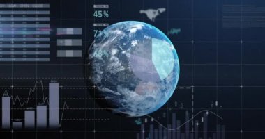 Tüm dünyada istatistik ve finansal veri işleme animasyonları. küresel iş, dijital arayüz, teknoloji ve ağ konsepti dijital olarak oluşturulmuş video.