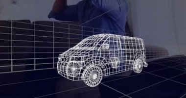 Üç boyutlu teknik karavan animasyonu, evdeki VR kulaklık takan adamın üzerinde. teknoloji, tasarım ve dijital arayüz kavramı dijital olarak oluşturulmuş video.