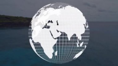Deniz kıyısında Dünya Gezegeni animasyonu. küresel bağlantı, dijital arayüz, teknoloji ve ağ konsepti dijital olarak oluşturulmuş video.