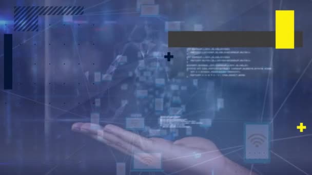 青い背景に 接続とデータ処理のネットワークと手を保持する地球のアニメーション グローバル通信ネットワークの概念デジタル生成されたビデオ — ストック動画