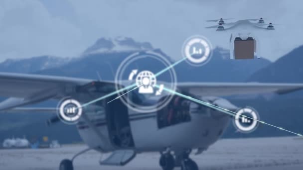 Animation Réseau Connexions Sur Drone Avec Colis Sur Avion Expédition — Video