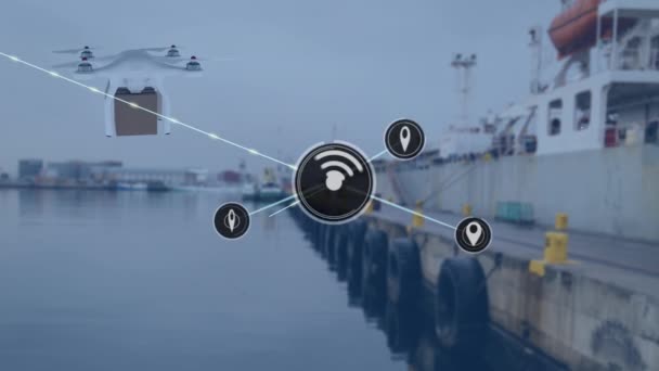 Animation Des Netzwerks Von Verbindungen Über Drohne Mit Paket Über — Stockvideo