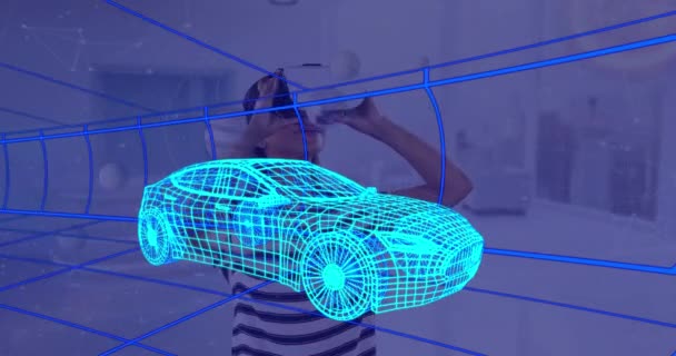 Анимация Трехмерного Технического Рисунка Автомобиля Над Женщиной Дома Гарнитуре Технология — стоковое видео
