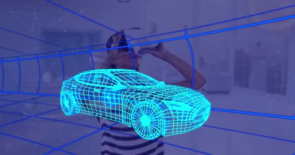 Animation Der Technischen Zeichnung Des Autos Über Frau Hause Tragen — Stockvideo