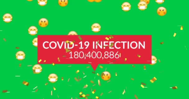 Animatie Van Confetti Vallen Covid Gegevens Emoji Pictogrammen Met Gezichtsmaskers — Stockvideo