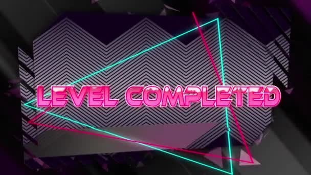 Animation Text Level Completed Shiny Pink Triangles Zigzag Lines Black — Stock Video