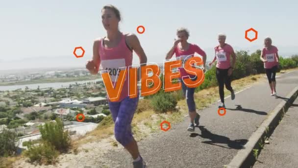 Animation Von Text Vibes Orange Mit Orangefarbenen Kreisen Über Frauen — Stockvideo