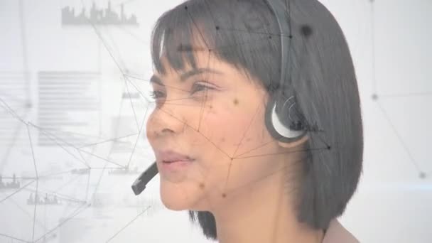 Animation Network Connections Statistic Business Woman Using Phone Headsets Global — Stock Video