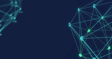 Dijital arayüz görüntüsü ve mavi arkaplandaki finansal ve para birimi simgeleriyle bağlantı ağının küresi. Genel bilgisayar ağı konsepti dijital olarak oluşturulmuş resim.