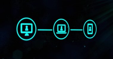 Parlayan yeşil arkaplanda üç yeşil dijital bilgisayar arayüzü simgesi. Küresel bilgisayar ağı ve çevrimiçi güvenlik konsepti dijital olarak oluşturuldu.