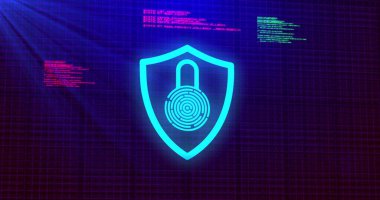 Çevrimiçi güvenlik için dijital bilgisayar arayüzü resmi mavi parlayan arka planda parlayan mavi asma kilit simgesi. Küresel bilgisayar ağı ve çevrimiçi güvenlik konsepti dijital olarak oluşturuldu.