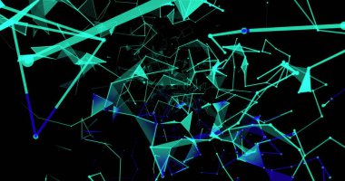 Siyah arkaplan dijital bileşimi üzerine tünel açan çoklu mavi geometrik şekiller ve bağlantı ağlarının resmi