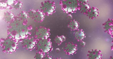 Mor arka planda sıvı içinde yüzen makro Coronavirus Covid-19 hücrelerinin resmi. Halk sağlığı salgını Coronavirus Covid 19 salgın konsepti dijital olarak üretildi. 4k