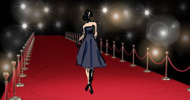 Moda defilesindeki kırmızı halıya siyah arka planda model çizimi kompozisyonu. moda tasarımı, moda gösterisi ve giyim konsepti dijital görüntü.