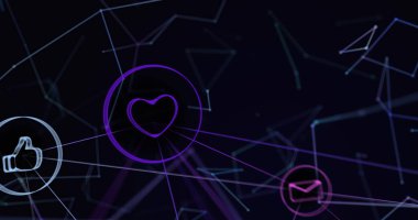 Siyah arkaplan üzerinde hareket eden dijital simgelerle ışık bağlantılarının arayüz ağının resmi, dijital olarak oluşturulan dijital küresel ağ konsepti.