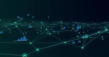 Siyah zemin üzerinde hipnotik hareketlerle hareket eden birden fazla yeşil altıgenlerin bağlantı ve istatistik ağı oluşturduğu resim. Renk ve hareket kavramı dijital olarak oluşturuldu.