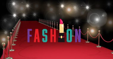 Moda gösterisinde kırmızı halıdaki siyah arka plandaki moda metninin kompozisyonu. moda tasarımı, moda gösterisi ve giyim konsepti dijital görüntü.