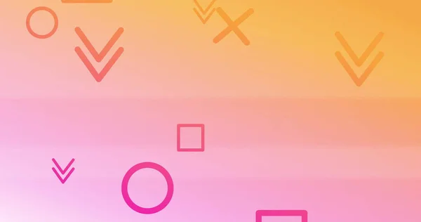 Orange and pink crosses squares circles and arrows falling downwards on a soft orange and pink background. colour and movement concept digitally generated image.