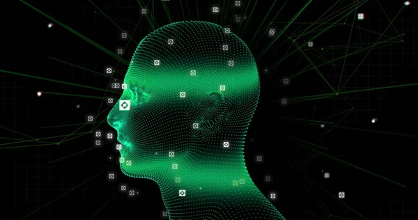 Image Green Glowing Human Head Model Network Connections Data Processing — Stock Photo, Image