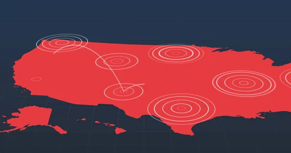 Červená Mapa Vyzařujícími Bílými Soustřednými Kruhy Rozprostírajícími Mezi Územími Tmavě — Stock fotografie