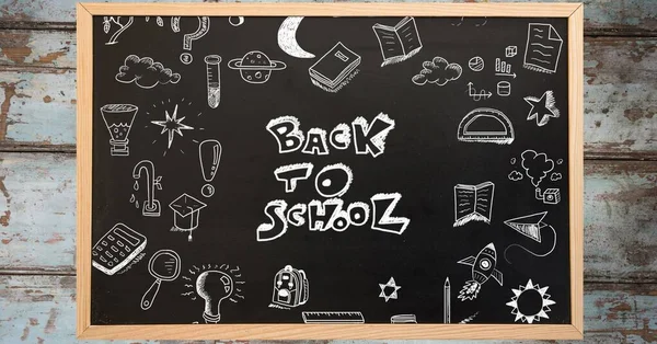 Samenstelling Van Terug Naar School Tekst Schoolspullen Zwart Schoolbord Onderwijs — Stockfoto