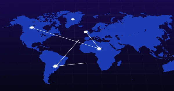 Niebieska Mapa Świata Ruchomą Białą Siecią Połączonych Punktów Czarnym Tle — Zdjęcie stockowe