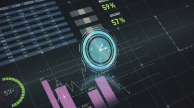 Siyah arayüz üzerinde elleri ve veri işleme ve grafikleri dönen saatin animasyonu. küresel iletişim ve veri paylaşım kavramı, dijital olarak oluşturulmuş video.