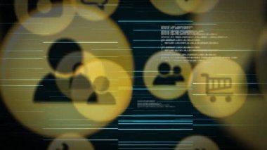 Siyahlar üzerinde büyüyen bağlı simgelerin ve veri işleme ağının animasyonu. küresel iletişim ağı teknolojisi kavramı, dijital olarak oluşturulan video.