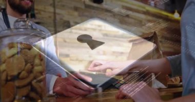 Ödeme terminalini kullanan insanların ağ güvenliği asma kilidinin canlandırılması. küresel iletişim ve veri güvenliği konsepti dijital olarak oluşturulmuş video.