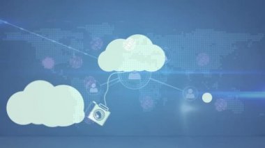 Bulutlar ve dijital simgeler üzerindeki bağlantı ağının animasyonu. küresel iletişim, iş dünyası, dijital arayüz, teknoloji ve ağ konsepti dijital olarak oluşturulmuş video.