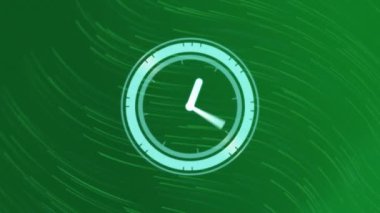 Yeşil arkaplandaki yeşil dalgaların üzerindeki saatin animasyonu. küresel bağlantılar, dijital arayüz, teknoloji ve ağ konsepti dijital olarak oluşturulmuş video.