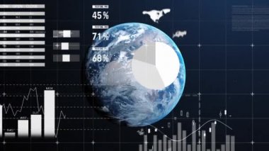 Veri işleme ve dünya üzerindeki istatistiklerin animasyonu. küresel bağlantılar, iş dünyası, dijital arayüz, teknoloji ve ağ konsepti dijital olarak oluşturulmuş video.