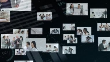Toplantıdaki iş adamlarıyla ilgili istatistik ve veri işleme animasyonları. küresel iletişim, iş dünyası, dijital arayüz, teknoloji ve ağ konsepti dijital olarak oluşturulmuş video.
