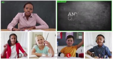 Animasyon video ekranları karatahta ekranları, çeşitli öğretmenler ve çocuklar çevrimiçi ders alıyorlar. küresel iletişim teknolojisi ve çevrimiçi eğitim konsepti, dijital olarak oluşturulmuş video.