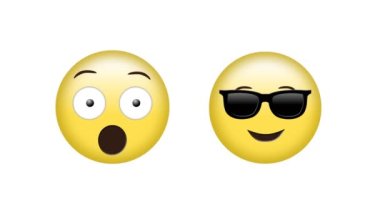 Beyaz arka plan üzerinde şaşırmış ve havalı görünen emoji simgelerinin animasyonu. küresel sosyal medya, iletişim, dijital arayüz, teknoloji ve ağ konsepti dijital olarak oluşturulmuş video.