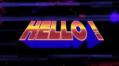 Yazı animasyonu, merhaba, turuncu ve mavi renkli ışık yolları ve siyah üzerinde bozulma. pozitif duygular ve sosyal medya mesaj konsepti, dijital olarak oluşturulmuş video.