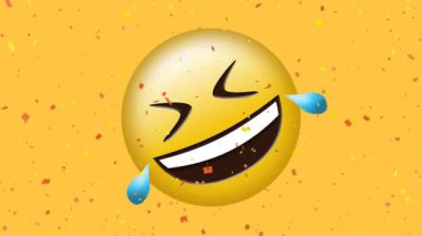 Konfetilerin yere yuvarlanmasının animasyonu. Sarı arka planda gülen emoji. Sosyal medya, kutlama, olay ve iletişim ağı konsepti dijital olarak oluşturulmuş video.